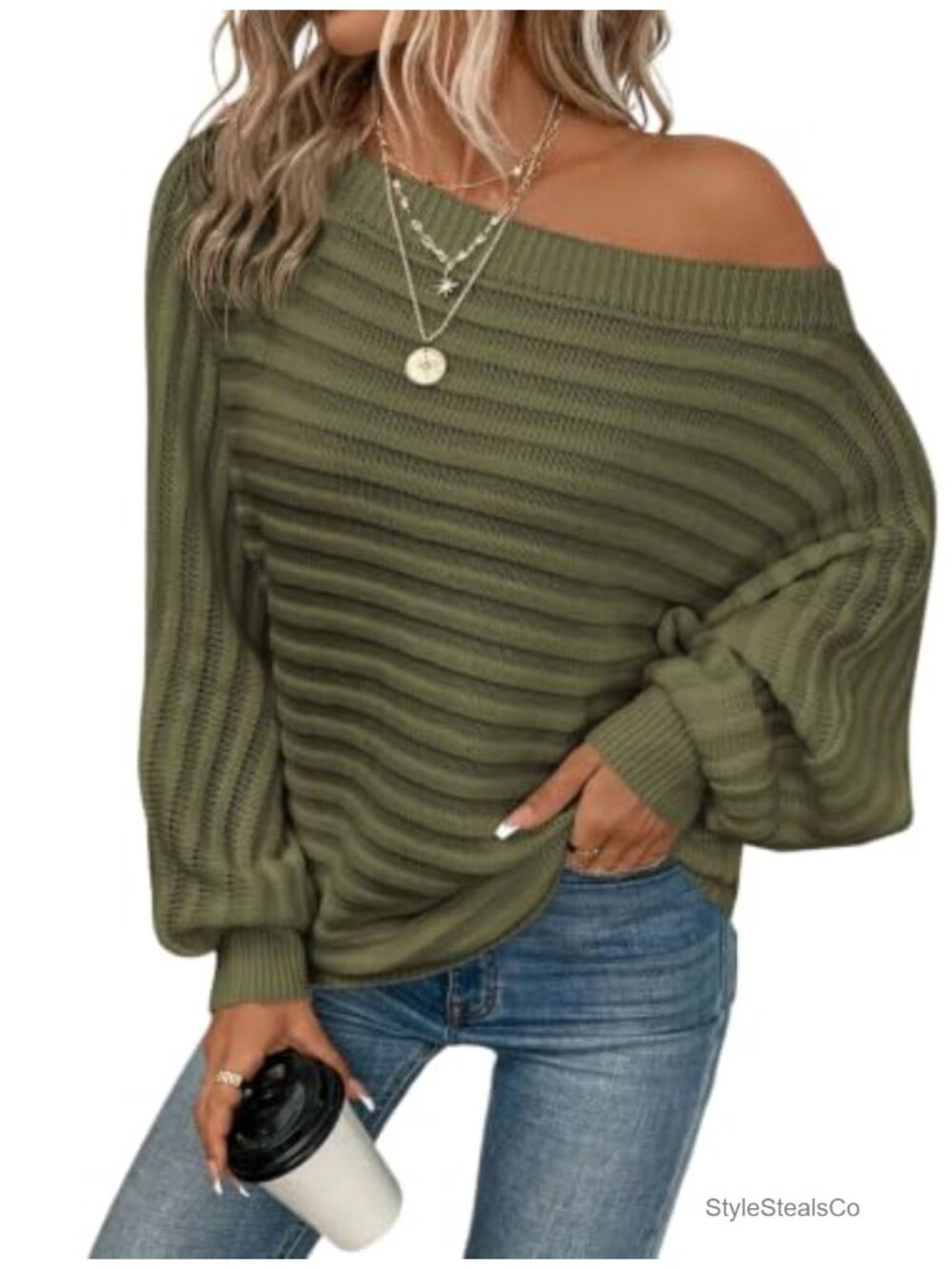 Off Shoulder Batwing Sleeve Oversized Knit Sweater Women